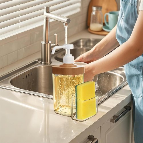 Kitchen Soap Dispenser with Sponge Holder, 800ml Large Capacity Dish Soap Dispenser Caddy, Shatterproof & Rustproof Sink Organizer with Extended Tube, Removable Caddy - Free Funnel Included-Wood Grain