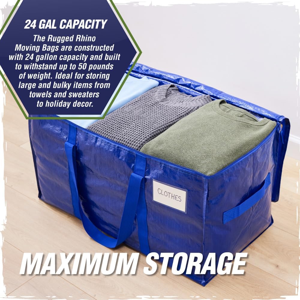 RUGGED RHINO Heavy Duty Extra Large Moving Bags - Durable Blue Storage Solution with Strong Handles & Zipper | 2 Pack