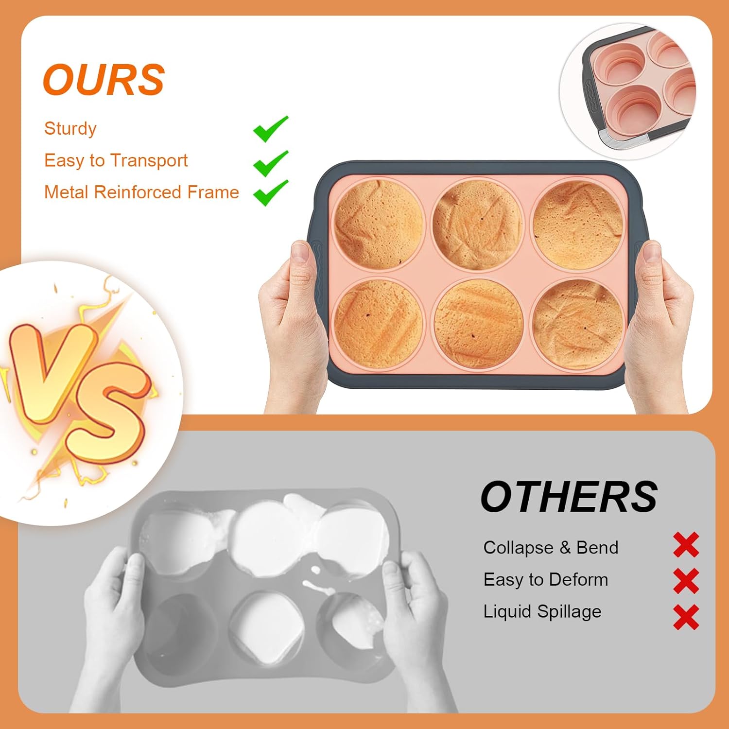 Skiennix Silicone Muffin Pans - Nonstick 6-Cup Baking Tray with Metal Frame | BPA-Free, Dishwasher Safe, Pink