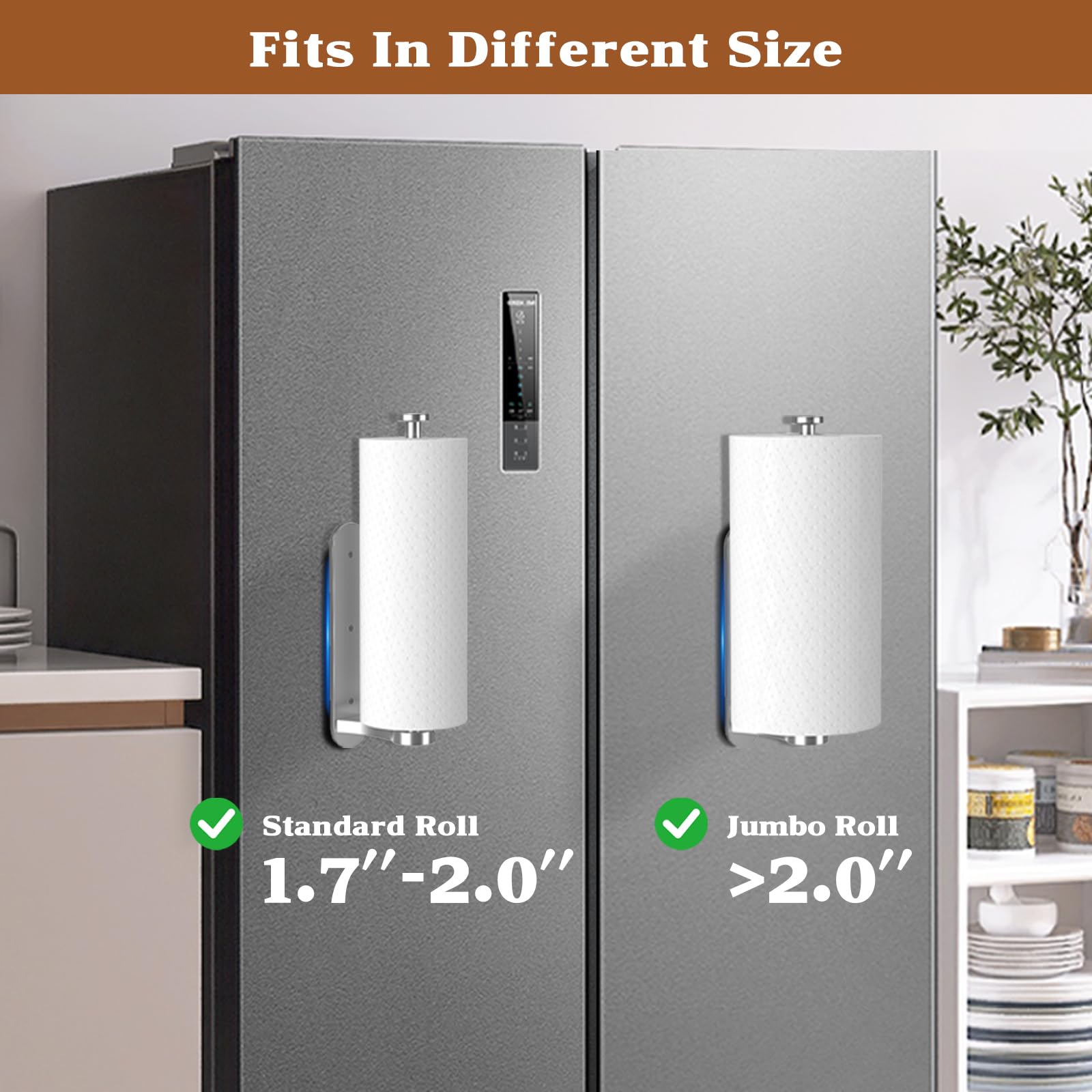 Swaitee Magnetic Paper Towel Holder for Fridge, Under Cabinet Paper Towel Holder Wall Mount, Self Adhesive No Drill, One Hand Tear Ratchet, Fits Jumbo Rolls, Silver for Kitchen RV Garage