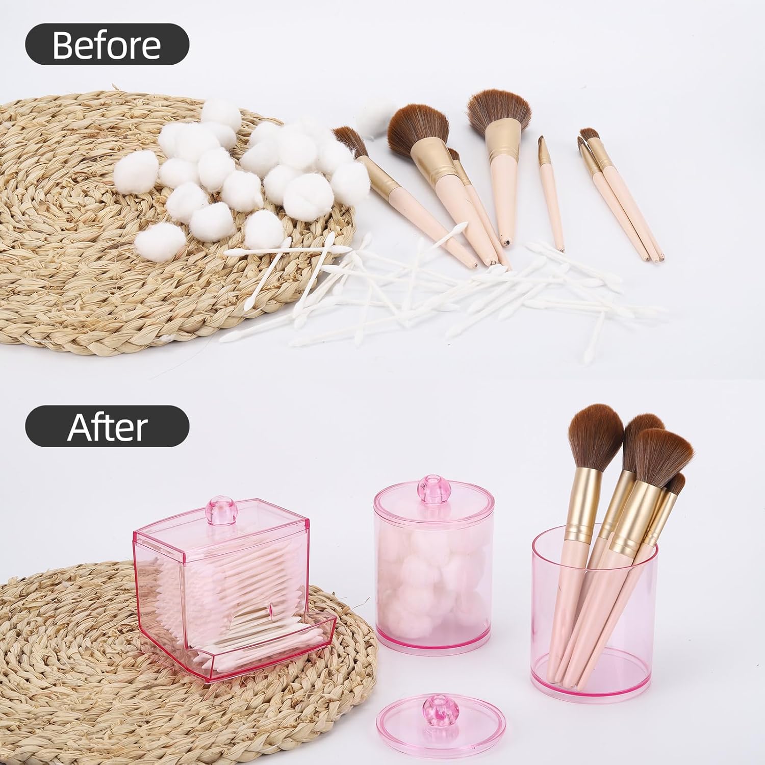 Tbestmax Cotton Swab Dispenser - Stylish Pink Apothecary Jar Organizer for Bathroom Storage | 10 oz Capacity