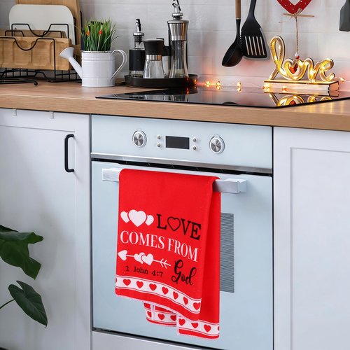 HCEWSBFD 6Pcs Christian Valentine's Day Kitchen Towels Religious Christian Hand Towel Black and White Truck Hand Towels Red Heart Love Dish Towel for Wedding Anniversary Cooking Gifts 16x24 Inch