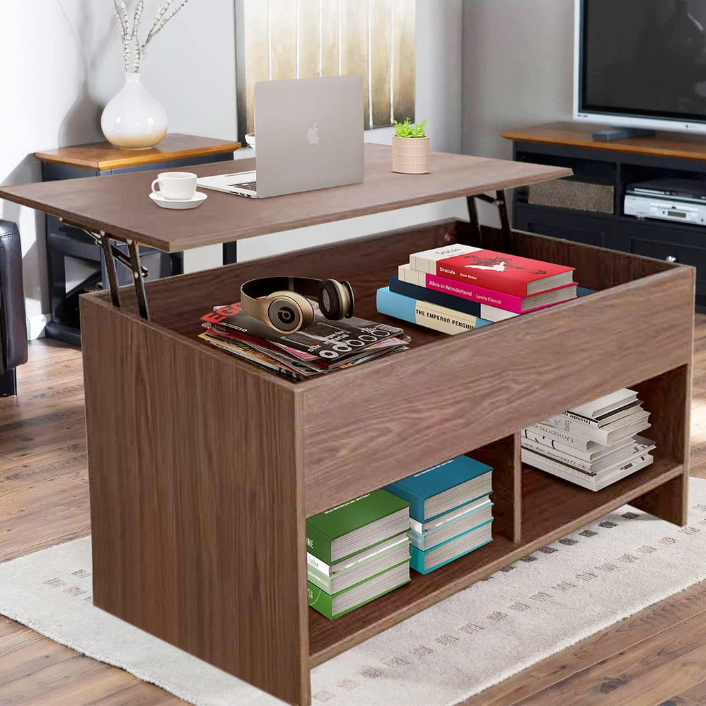 Skiennix Lift Top Coffee Table - Modern Pop-Up Design with Hidden Compartment & Storage Shelf | Brown