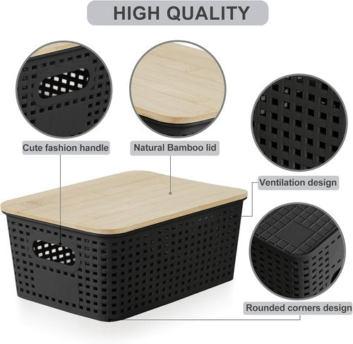 Bagnizer Small Plastic Storage Bins - Stackable Decorative Containers with Bamboo Lids | 5.2qt, Black, Set of 6