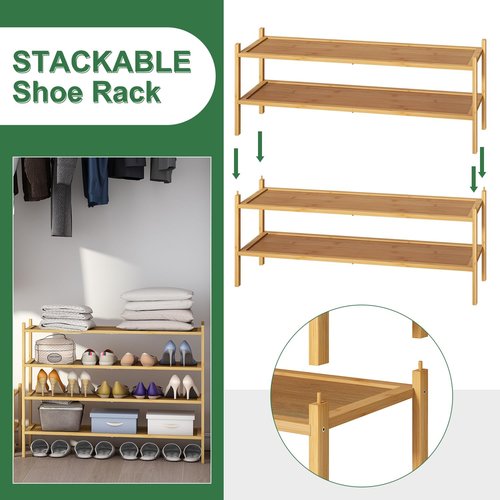 kiplant Long Shoe Rack, 2-Tier Bamboo Wood Shoe Rack, Stackable for Closet, Entryway & Hallway