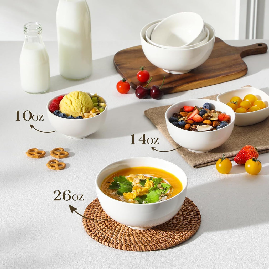 MALACASA 26 oz Porcelain Soup Bowls, White Ceramic Cereal Bowls for Kitchen 6 inch Bowls Set of 6 for Oatmeal Salad Fruit Rice Dishwasher and Microwave Safe, Series Regular