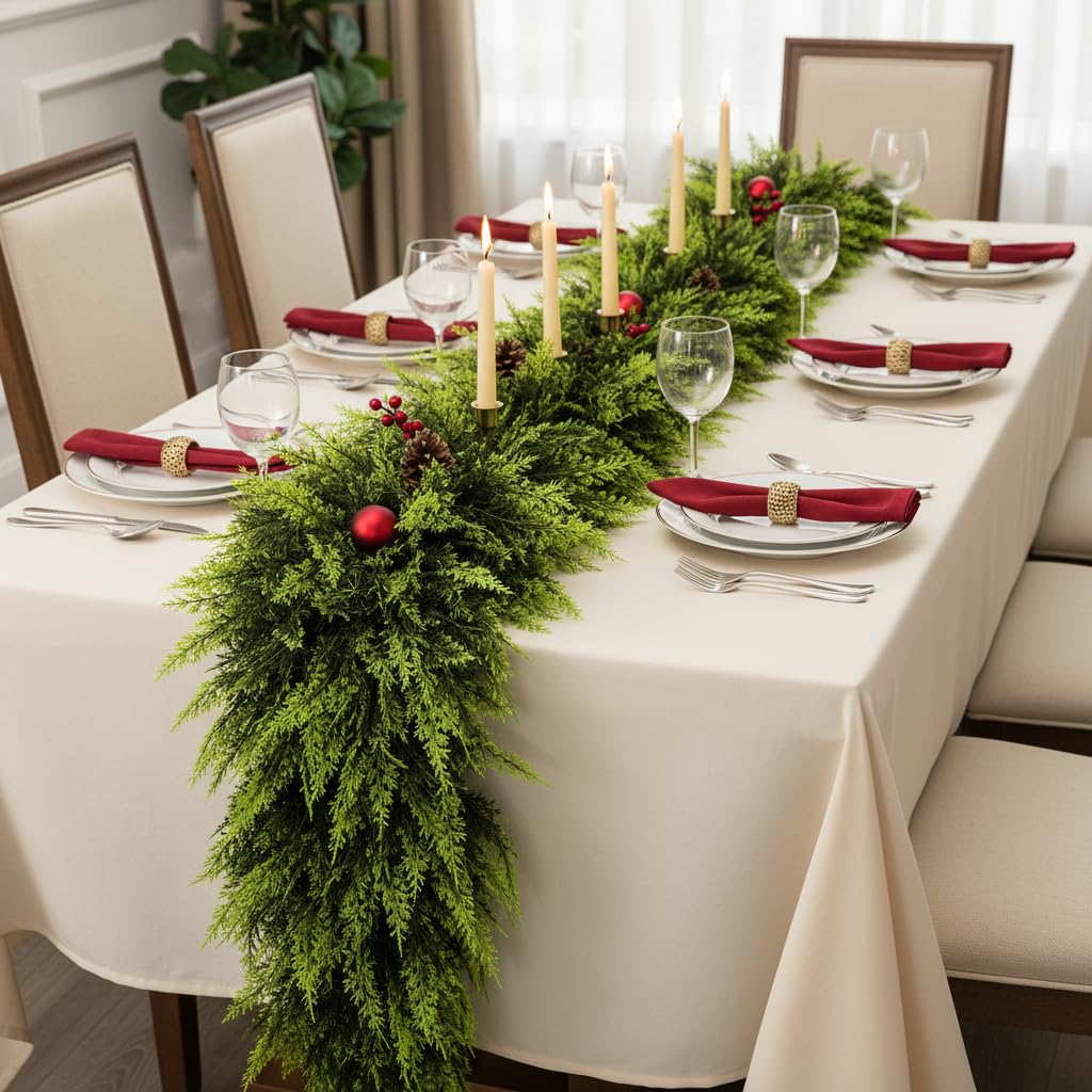 9 FT Christmas Cedar Garland, Real Touch Soft & Thickness Greenery Pine Garland for Mantle Table Fireplace Outdoor Indoor Christmas Decorcorations
