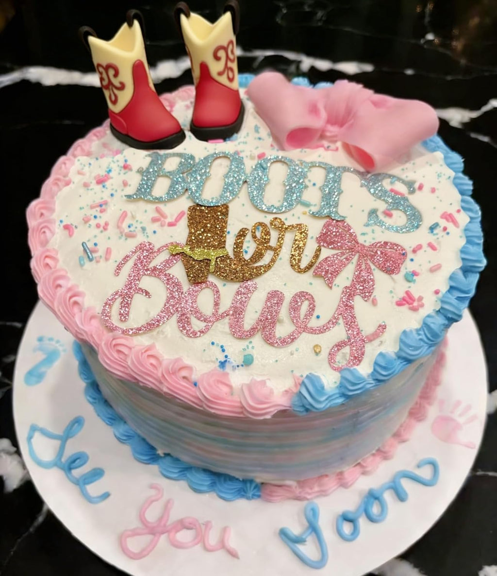 Skiennix Gender Reveal Cake Decorations - Acrylic Boots & Bows Toppers Set for Baby Shower