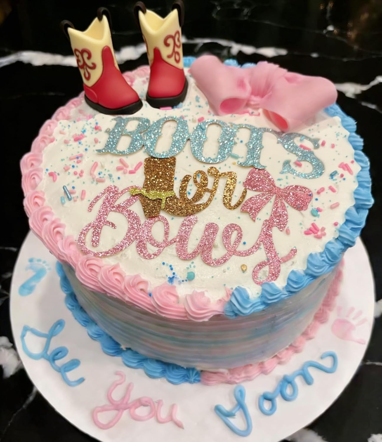 Skiennix Gender Reveal Cake Decorations - Acrylic Boots & Bows Toppers Set for Baby Shower
