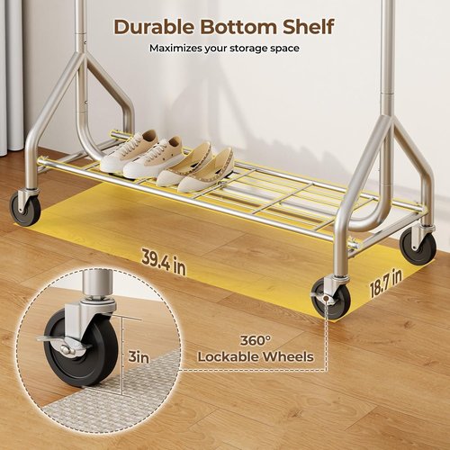 HYSEYY Heavy Duty Clothes Rack - Adjustable Double Rod Garment Rack for Bedroom & Laundry | Silver
