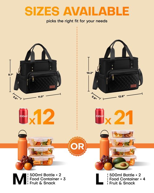 HOTOR Lunch Box for Women - Insulated Lunch Bag with Multiple Pockets, Portable Lunch Tote & Cooler with Handles & Adjustable Strap for Work, Picnic, Short Trip, 11.0" x 5.5" x 8.7", Black
