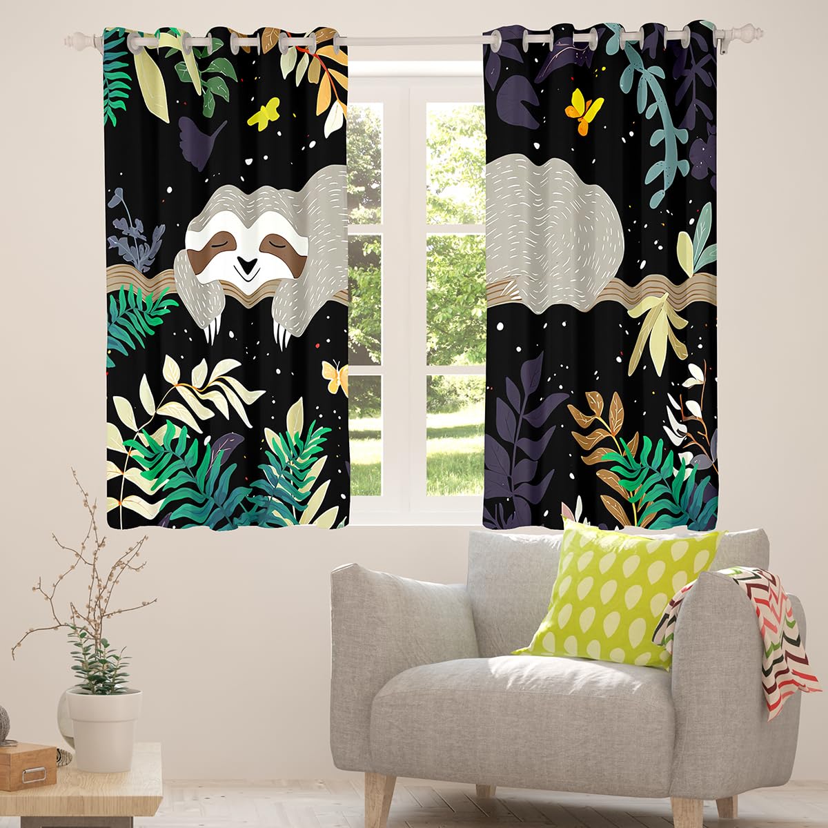 Feelyou Sloth Window Treatments Cute Sloth Window Drapes for Kids Boys Girls Galaxy Butterfly Curtains Botanical Leaves Blackout Curtain 42W X 63L,2 Panels