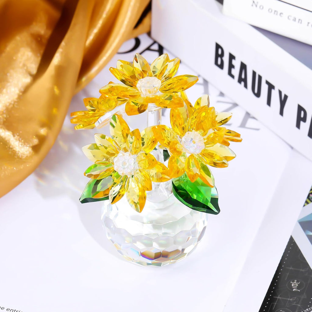 YWHL Handmade Yellow Crystal Flower Figurine - Elegant Glass Decoration Gift for Women | Perfect for Christmas, Valentine's Day, Weddings