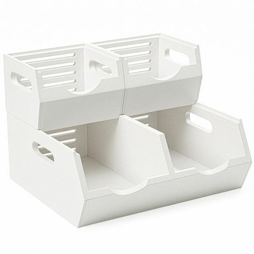 HOMESTEAD Stackable Solid Wood Storage Bins for Kitchen Pantry & Countertop, Ventilated Potato and Onion Basket Organizer with Handles, Wooden Produce Storage Containers, 3-Pack, White