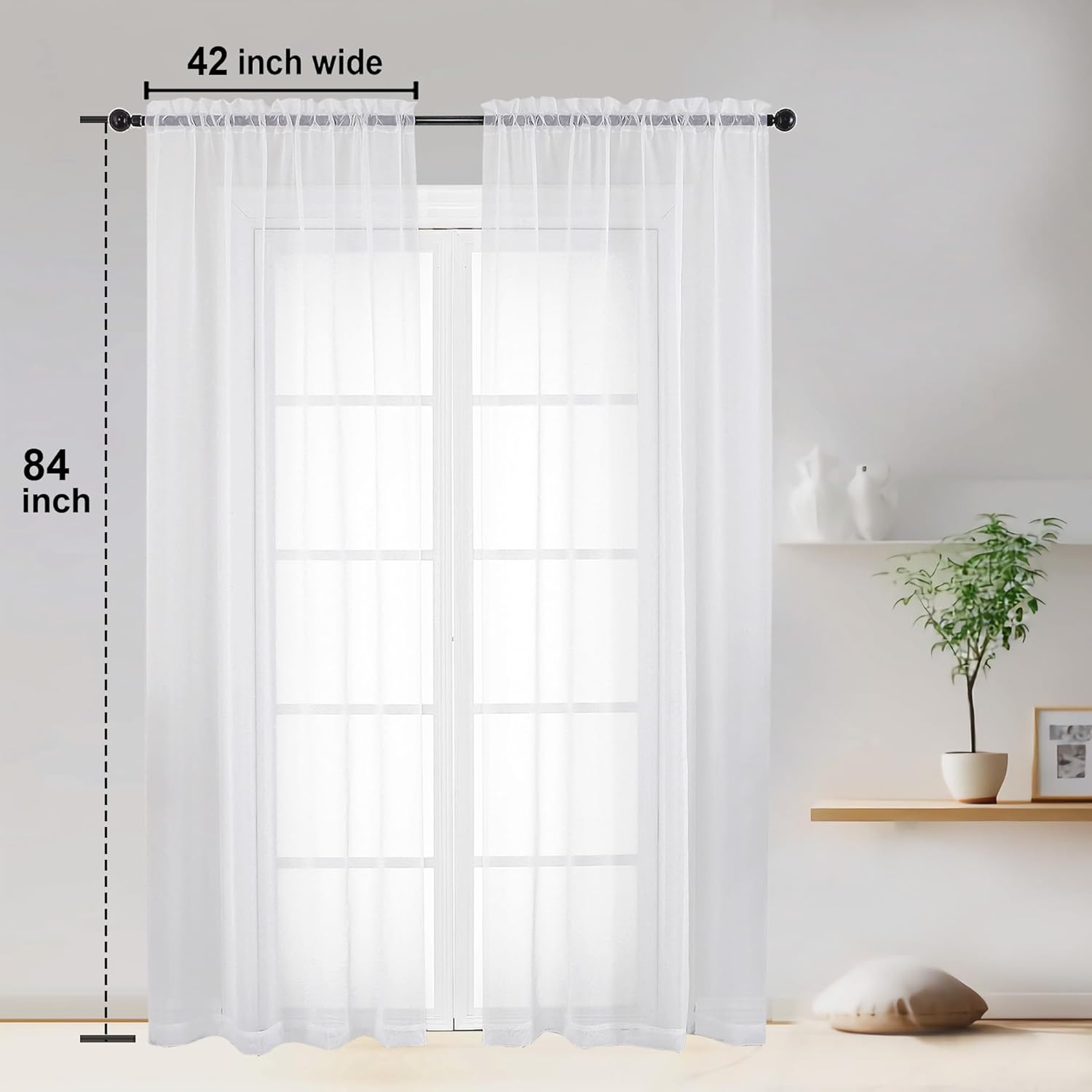 OWENIE Sheer Curtains - 84-Inch Long Rod Pocket Voile Drapes for Living Room/Bedroom | White, 2 Panels