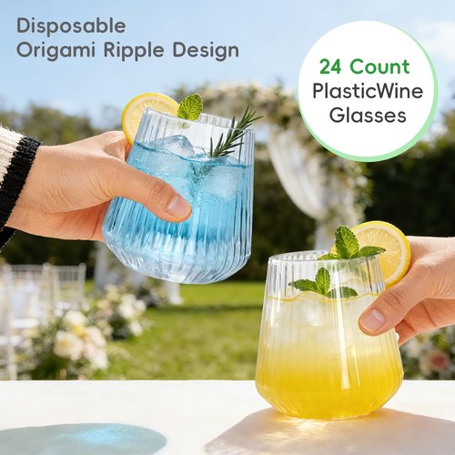 N9R 24 Count Plastic Wine Glasses Disposable 12oz - Elegant Origami Ripple Design, Shatterproof & Disposable for Whiskey, Cocktail, Champagne, Parties, Weddings, Events