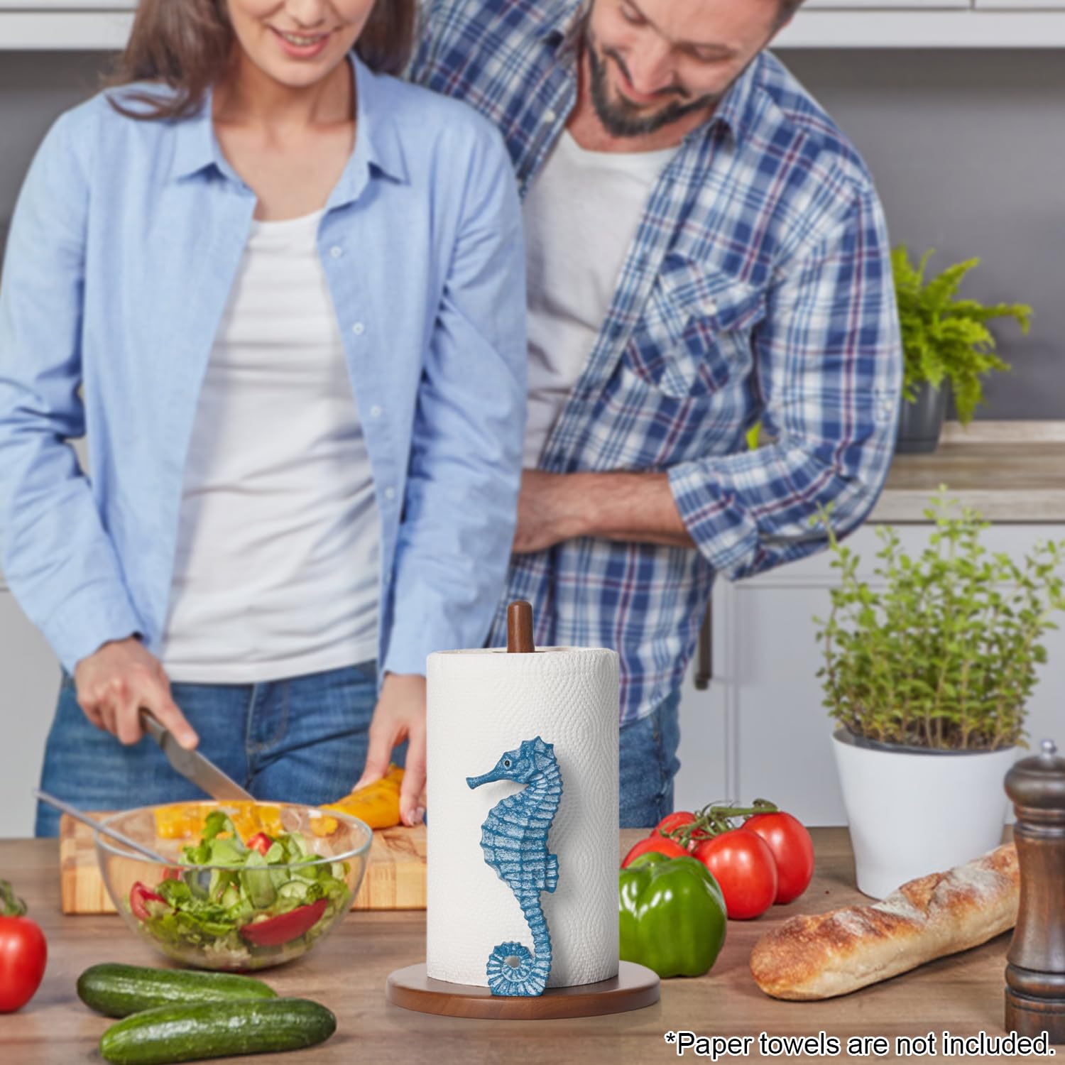 Seahorse Paper Towel Holder - Beach House Decor Unique Coastal Decor Seahorse Gifts for Women, Funny Cute Paper Towel Holder Stand Wood Kitchen Countertop Bathroom Decor Blue Coastal Kitchen