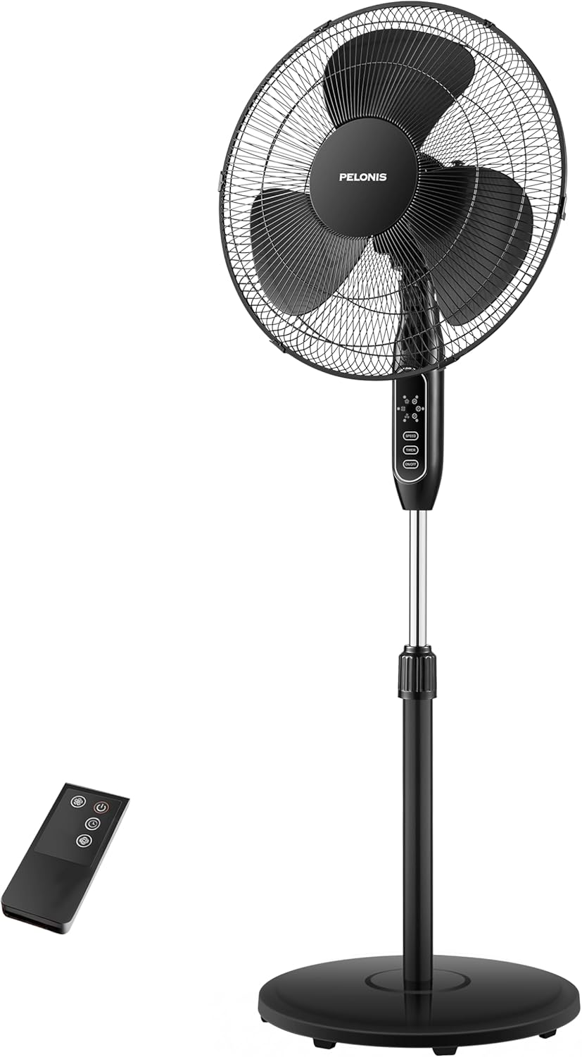PELONIS 16'' Pedestal Fan - Remote-Controlled, 90° Oscillation, Adjustable Height | Ideal for Bedroom & Office Cooling