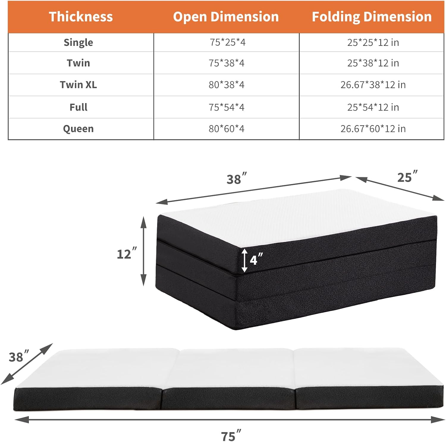 Sweetcrispy Tri-Fold Memory Foam Mattress - 4-Inch Portable Bed Pad for Travel, Camping & Yoga | Washable Cover