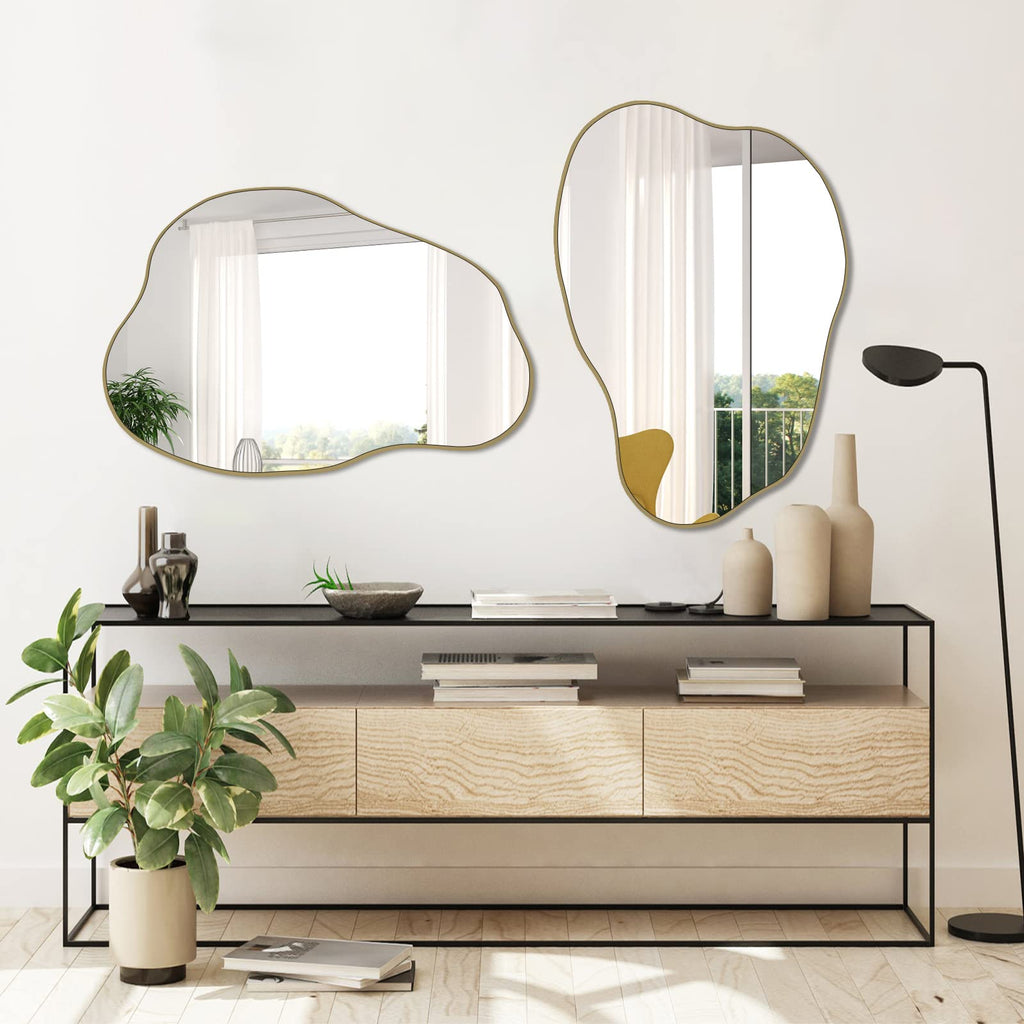 POZINO Gold Irregular Mirror, 30"x20.5" Cloud Shaped Mirrors, Asymmetrical Wall Mirror, Modern Abstract Frameless Mirrors for Living Room Bathroom Bedroom Entryway, Hangs Vertically or Horizontally