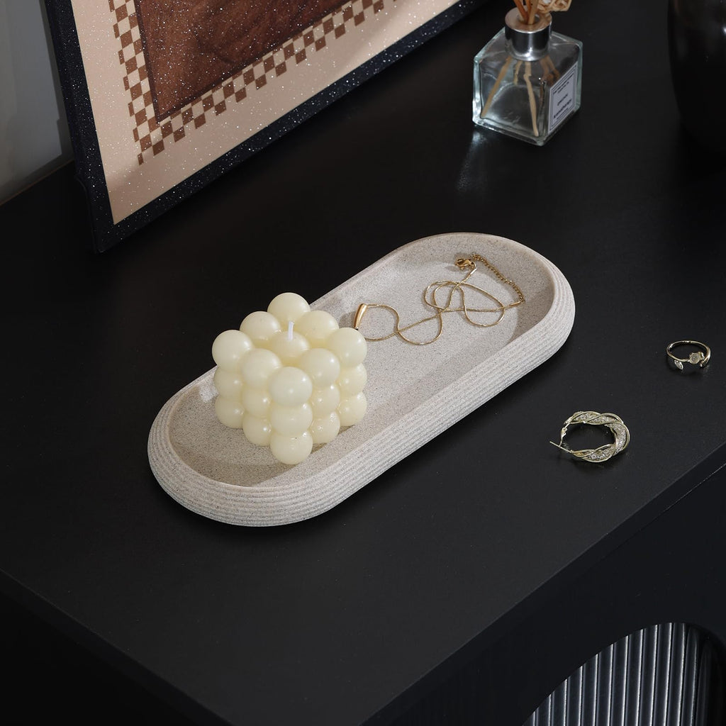 Haocoott Jewelry Tray Bathtub, Resin Stone Look Decorative Perfume Tray, Bathroom Marble Vanity Organizer Plate Holder for Ring Soap Towel Small Things on Kitchen Sink Countertop (Beige, Medium)