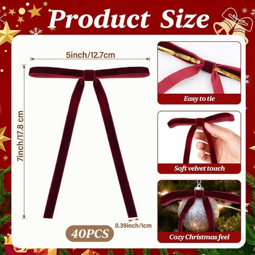 HEAEUNK Burgundy Velvet Christmas Tree Bows - 40 Pack for Holiday Decor | 5"x7" Size