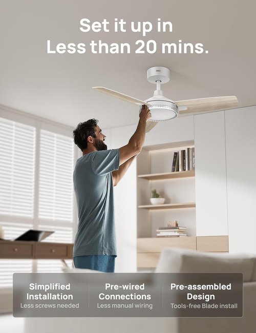 DREO Smart Ceiling Fan - 42 Inch White Design with Dimmable LED Light & 12 Speeds | Quiet DC Motor & Remote Control