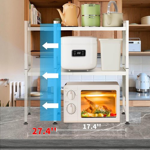 loyalKBS Expandable Microwave Stand Countertop, 3 Tier Heavy Duty Over Microwave Shelf Countertop with 4 Hooks, Height Adjustable Metal Microwave Oven Rack Shelf for Kitchen Tabletop,Holds 160lb,White