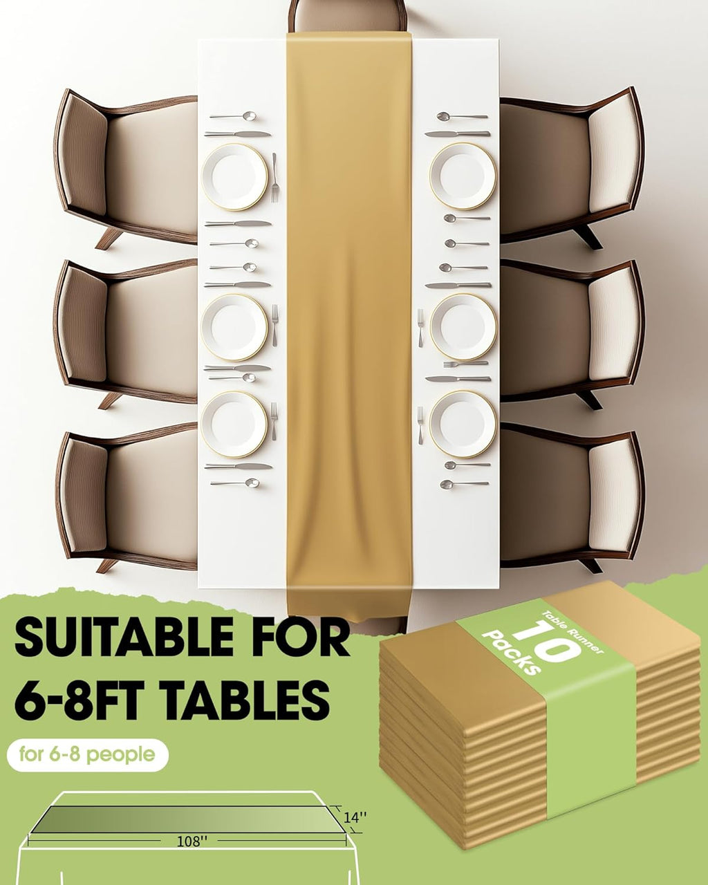 Pureegg Gold Plastic Table Runners - Water Resistant & Disposable | 10 Pack, 14'' x 108'' for Weddings & Parties