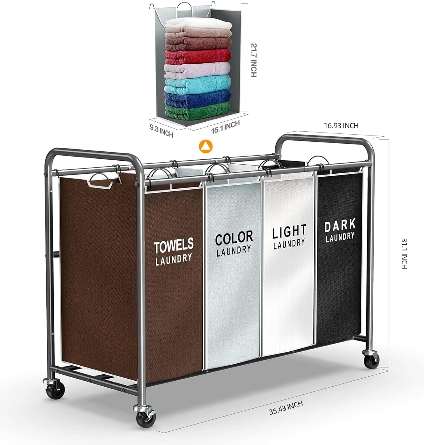ROMOON Laundry Hamper Cart - 4-Section Organizer with Lockable Wheels & Removable Bags | 180L Rolling Basket for Small Spaces (Multicolor)