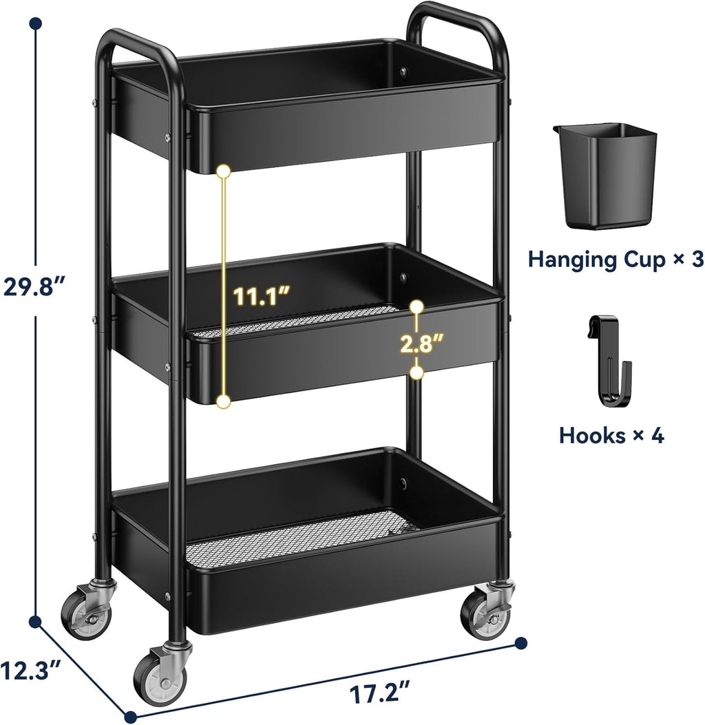 YASONIC 3-Tier Rolling Cart - Heavy-Duty Metal Utility Cart with Wheels & Hooks | Versatile Storage for Kitchen & Office