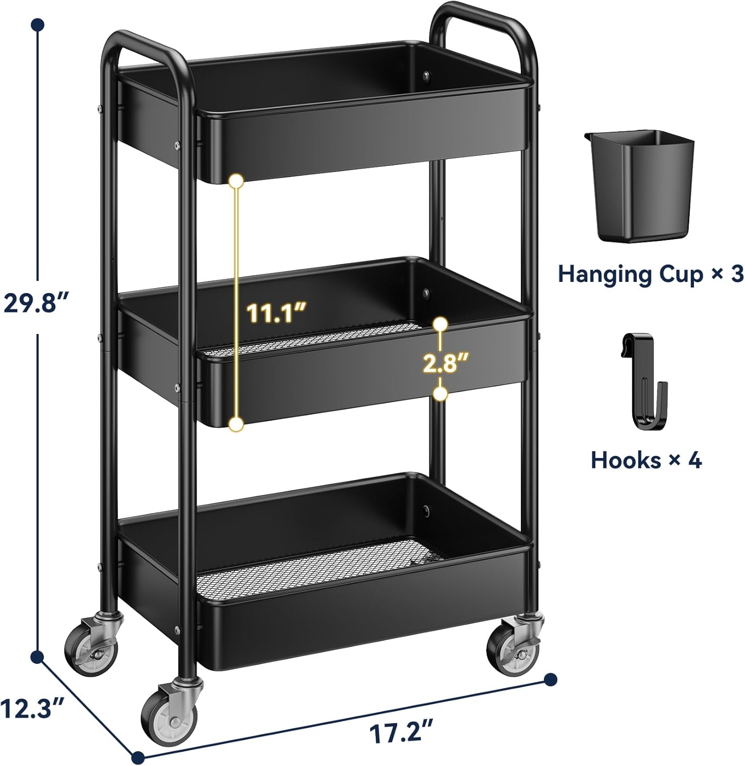 YASONIC 3-Tier Rolling Cart - Heavy-Duty Metal Utility Cart with Wheels & Hooks | Versatile Storage for Kitchen & Office