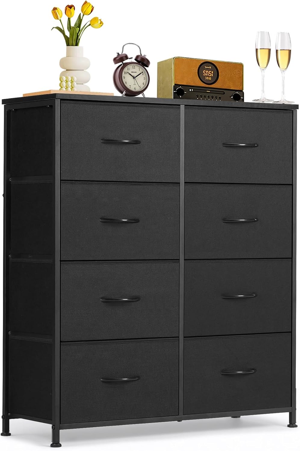 Skiennix 8-Drawer Dresser - Anti-Tip Tall Storage Organizer with Wooden Top & Metal Frame - Black