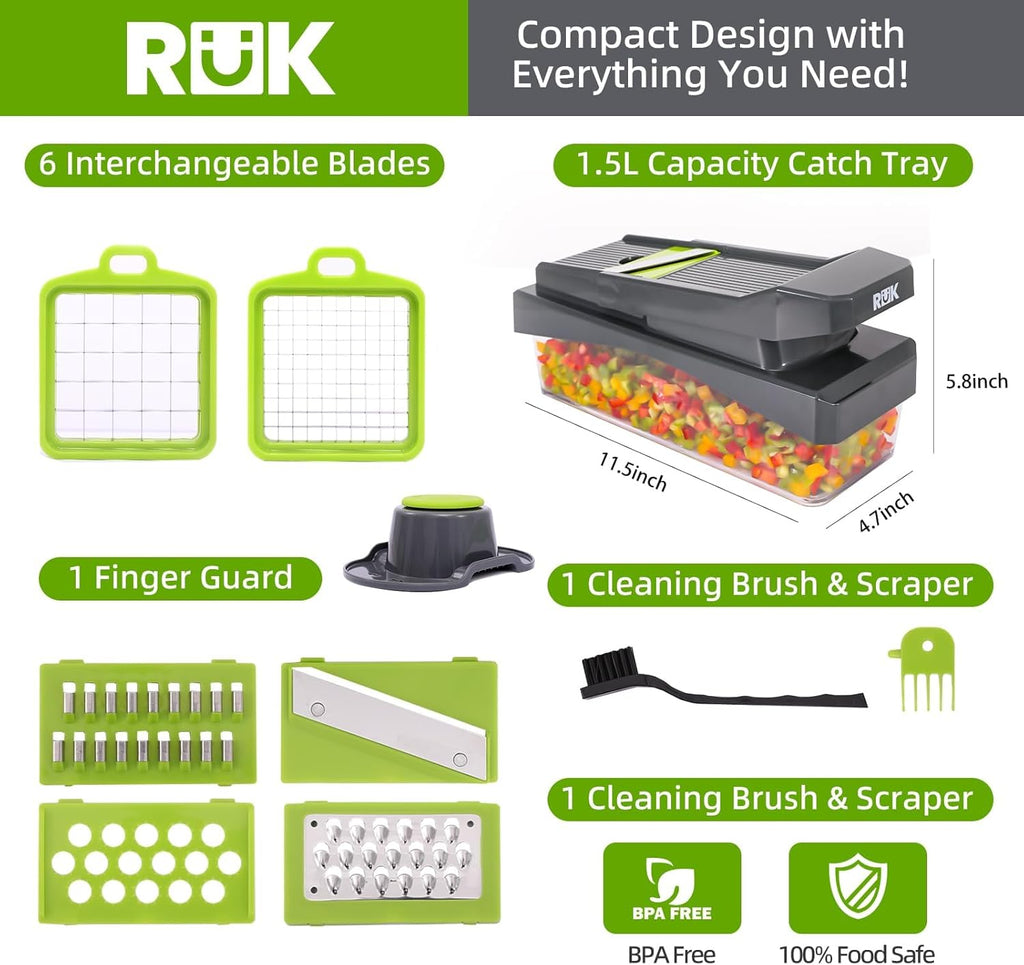 RüK 10-in-1 Vegetable Chopper - Versatile 6 Blade Food Dicer & Grater with Container | Gray Kitchen Essential