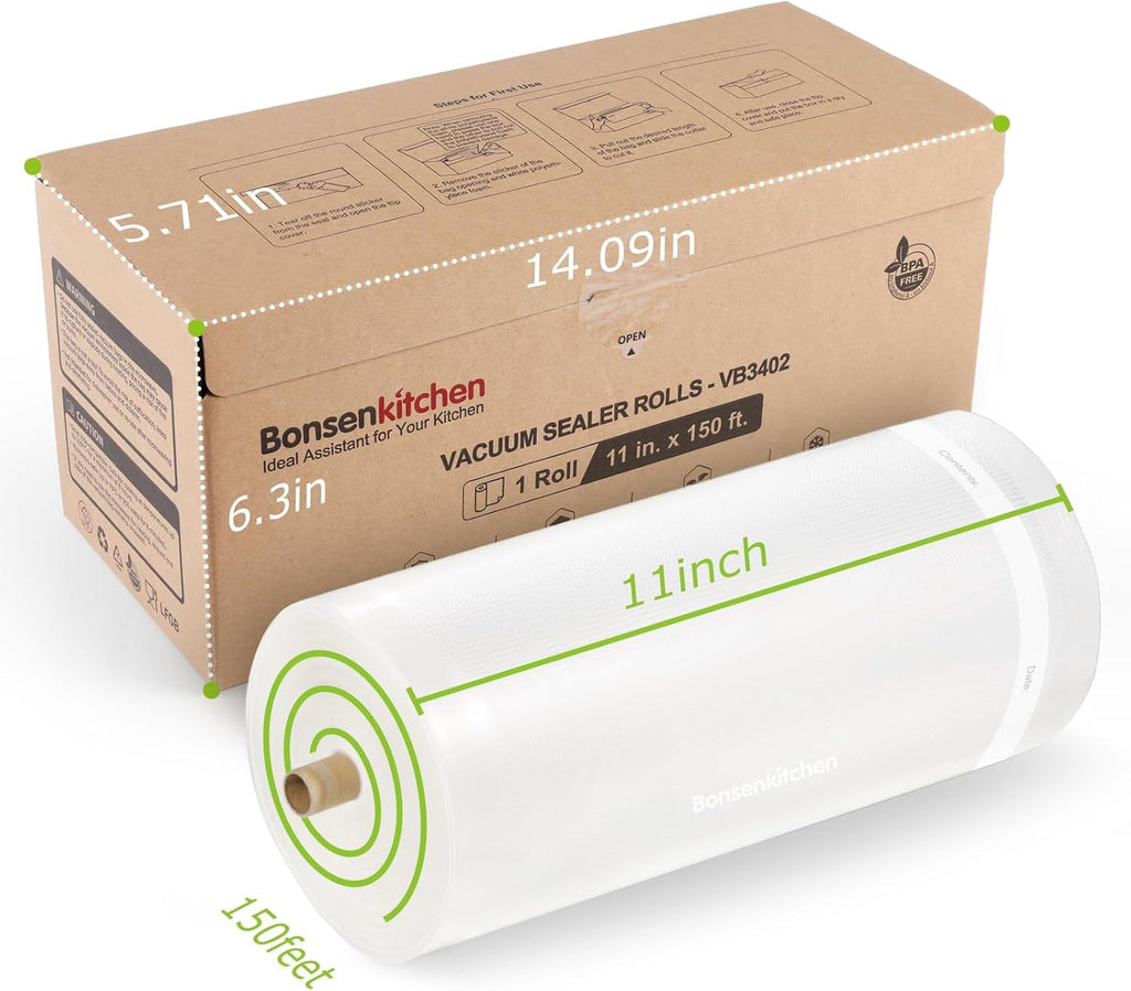 Bonsenkitchen Vacuum Sealer Bags Rolls - 11” x 150’ with Cutter, BPA Free for Meal Prep & Sous Vide Cooking | Easy to Cut & Seal