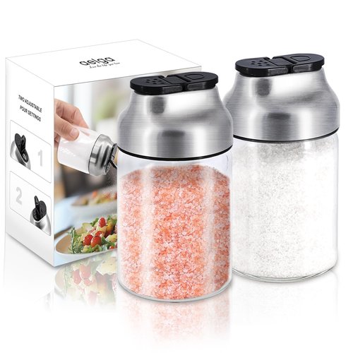 Aelga Salt and Pepper Shakers Set - 5 OZ Glass Salt Shaker with Adjustable Pour Holes - Sugar Dispenser with Stainless Steel Lid - Elegant Kitchen Table Accessories