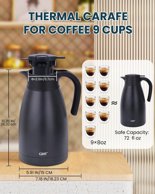 GiNT 2.2L / 74Oz Thermal Coffee Carafe, Insulated Stainless Steel Coffee Carafes for Keeping Hot/Double Walled Vacuum Thermal Carafe (Black)