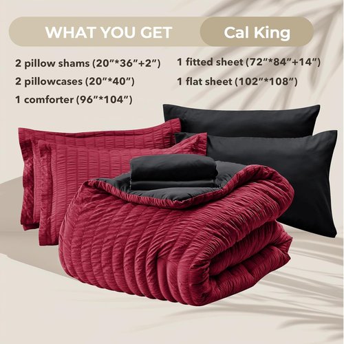 HYMOKEGE California King Comforter Set - Luxury 7-Piece Red & Black Seersucker Bedding | All-Season Comfort