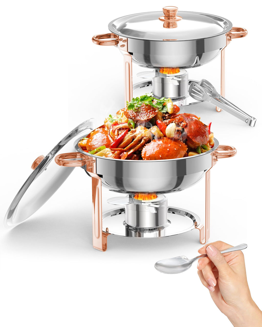 Chafing Dish for Buffet 2 Pack, 5 QT Round Chafing Dishes Buffet Set w/Lid Holder, Stainless Steel Chafers and Food Warmers with Spoon and Tweezers for Parties, Weddings, Events, Banquet, Rose Gold