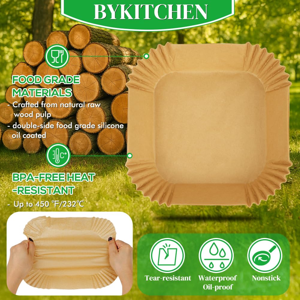 BYKITCHEN 300PCS Disposable Air Fryer Paper Liners for Ninja AF141 5 QT Pro AF181 6.5QT, Cosori Chefman 6 QT &Other 5 to 8Qt Airfryer, 8in Square Air Fryer Parchment Paper, Airfryer Basket Accessories