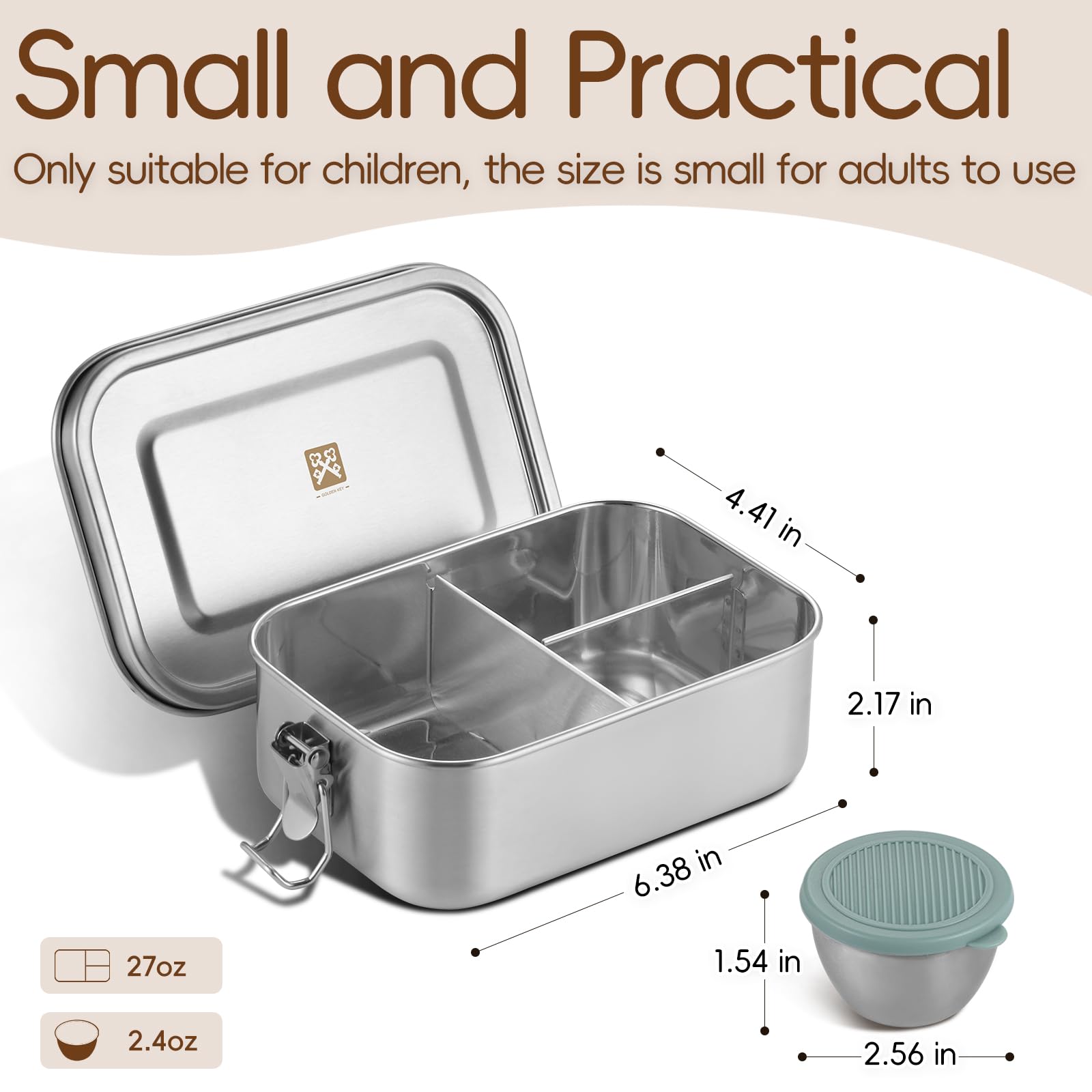 GOLDEN KEY 27oz Stainless Steel Bento Box for Kid,800ml Small & Thickened Metal Lunch Box with 3 Compartments,Eco-friendly Leak-Proof Container with Lockable Clips(Green)