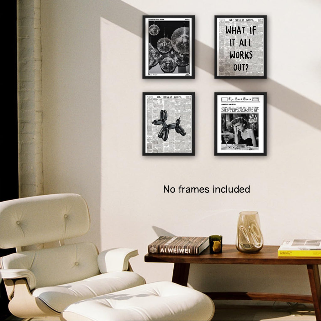NaZaUK Funky Retro Y2K Wall Art - Black & White Newspaper Posters Set of 4 | Trendy Bedroom Decor 8x10 Unframed