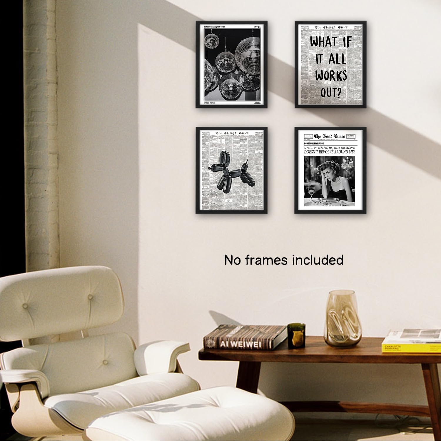 NaZaUK Funky Retro Y2K Wall Art - Black & White Newspaper Posters Set of 4 | Trendy Bedroom Decor 8x10 Unframed