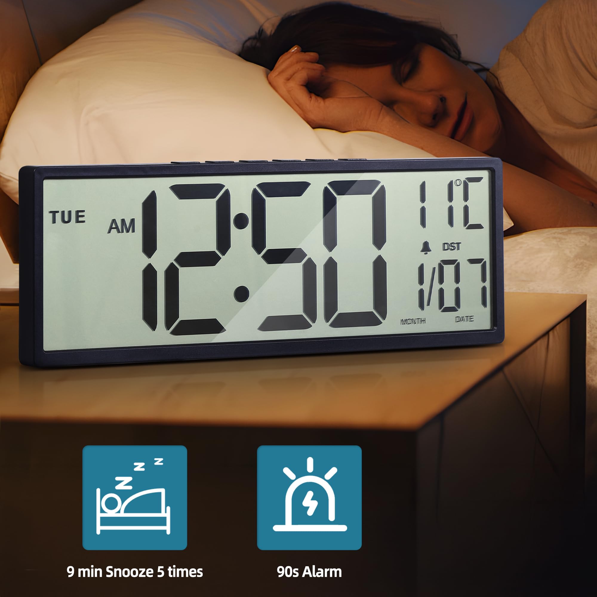 Henescribe 15" Large Digital Wall Clock Battery Operated Black, Clock with Large Display Numbers, Calendar, Auto DST, Clocks for Living Room, Kitchen, Office, Bedroom
