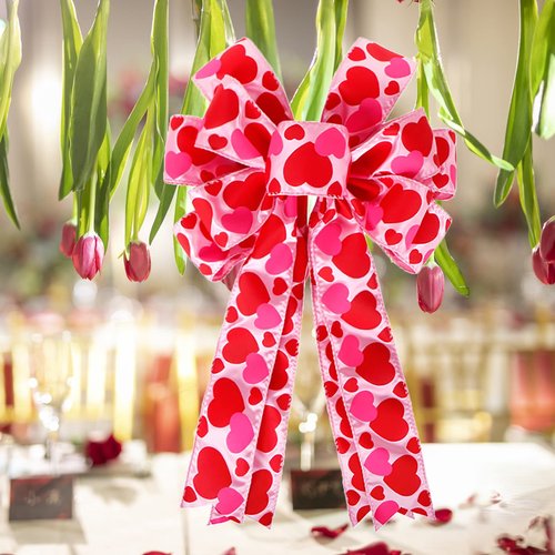 Large Heart Printing Ribbin Bows Red Heart Wreaths Bows for Wedding Valentine's Day Window Door Wreath Decoration