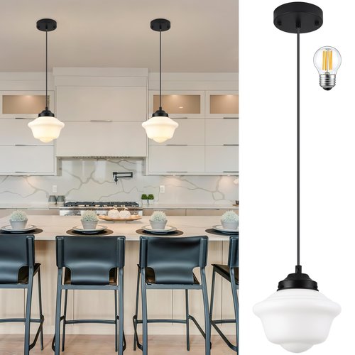 AyshwillDec Black Schoolhouse Light Fixture 8" Milk Glass Pendant Light Schoolhouse Pendant Light Milk Glass Light Fixture Mid Century Pendant Light for Bedroom Bathroom Kitchen Hallway (Bulb Incl.)