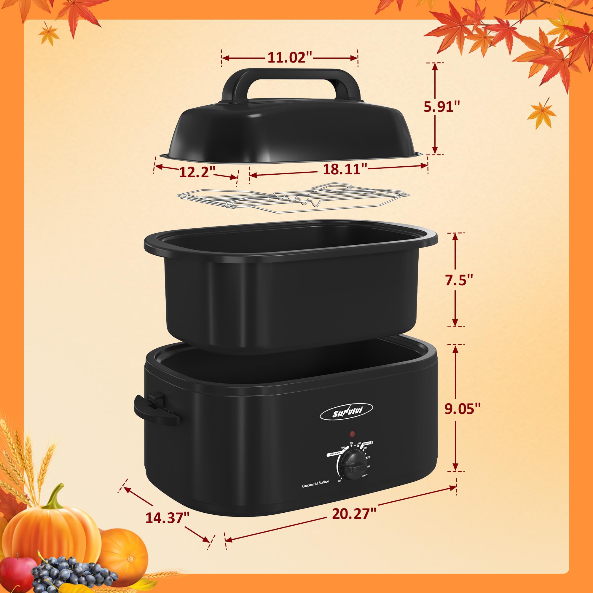 Sunvivi Electric Roaster Oven,28 Quart Roasting Oven with Self-Basting Lid Removable Pan,Turkey Roaster Oven with 150 to 450F Temperature Control Cool-Touch Handles, Black
