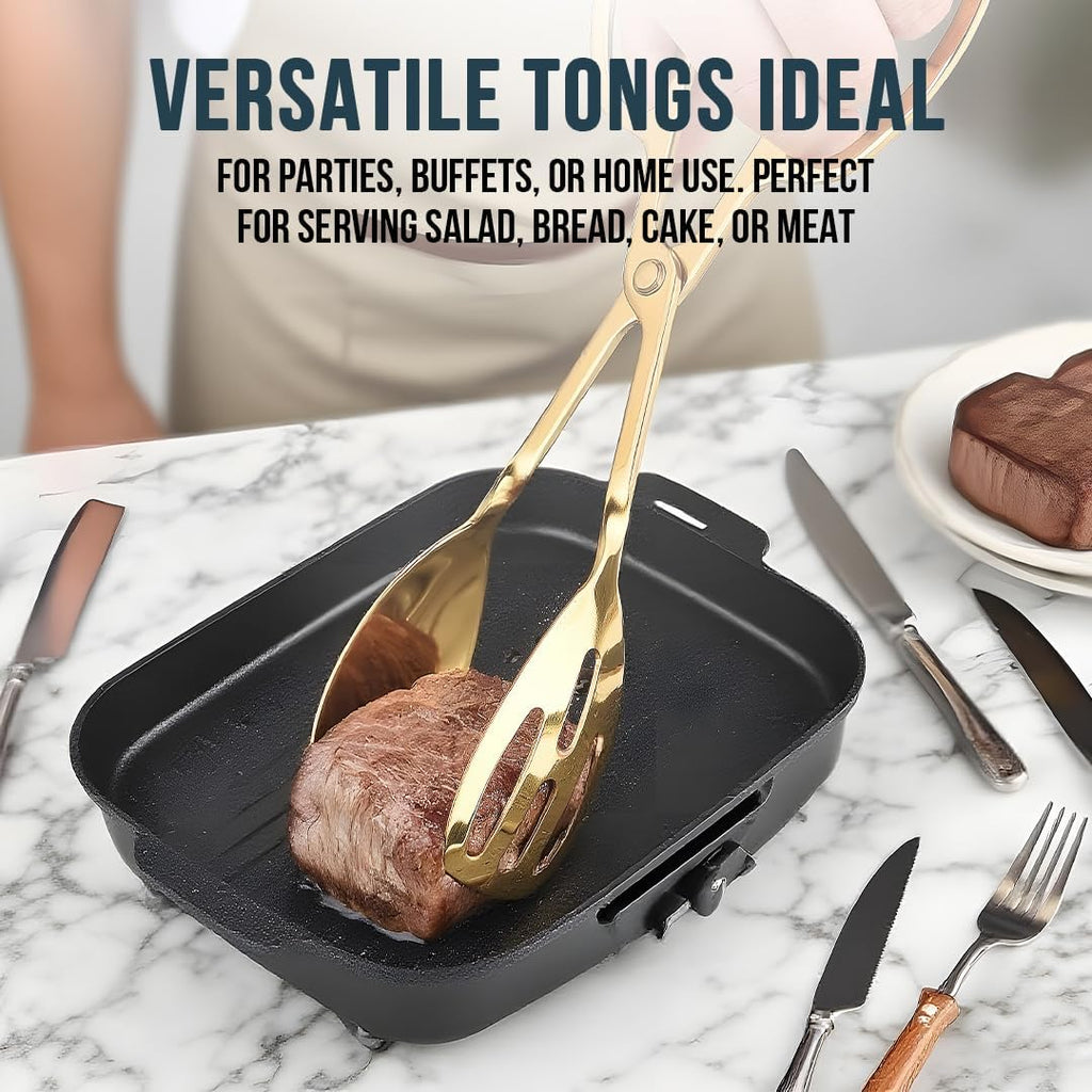 Salad Tongs - Premium Stainless Steel Scissor-Style Serving Utensils | Non-Toxic, Heat-Resistant, 2-Pack (Gold)