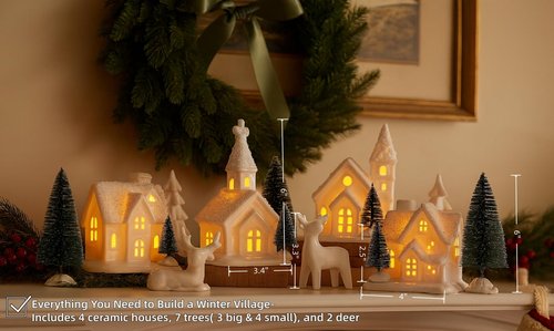 WANCHIY Christmas Village Sets- 13 Pieces Indoor Christmas Decorations, White Ceramic Village Houses Set of 4 with 7 Trees & 2 Deer, Mantel & Room & House Table Decor, Farmhouse Rustic Holiday Decor