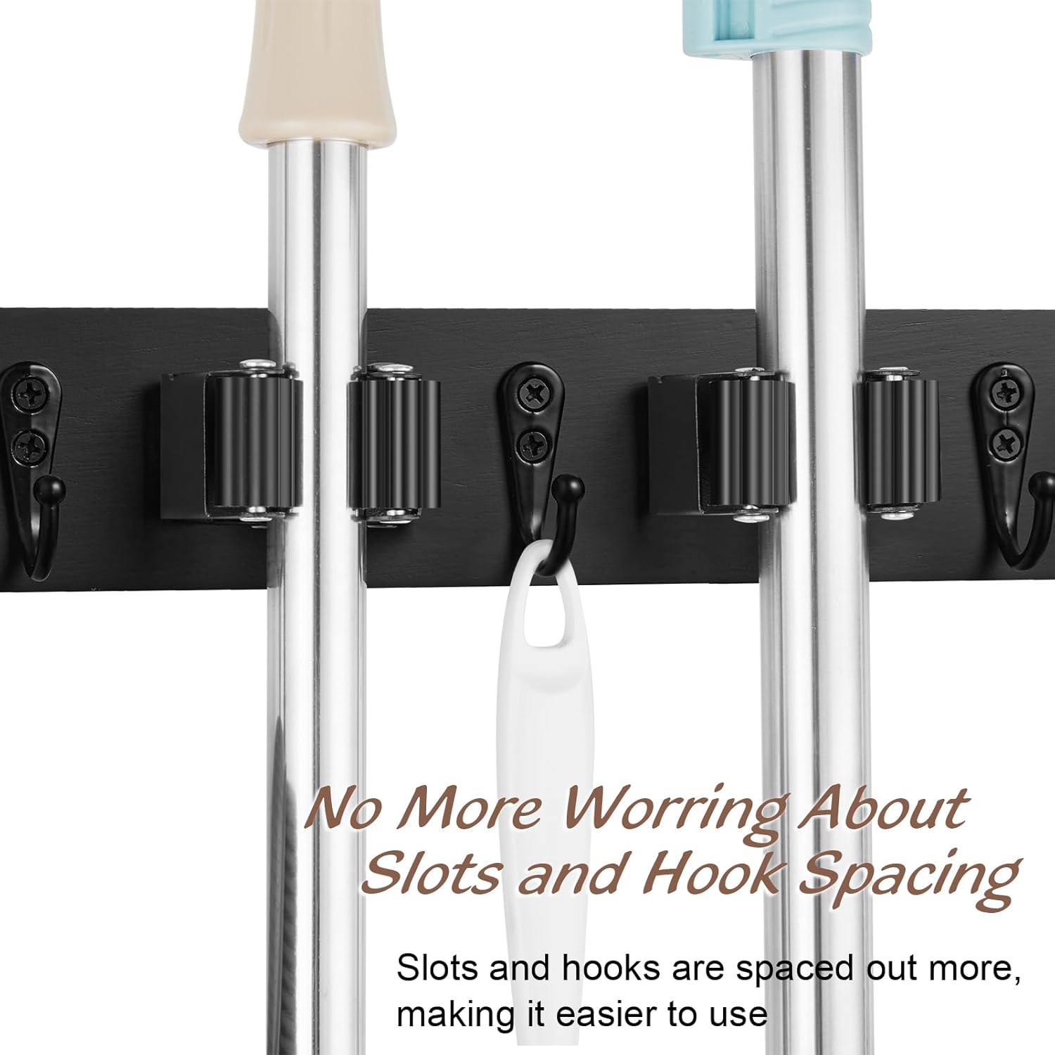 OUTNILI Mop and Broom Holder Wall Mount - Black Tool Organizer with 5 Slots & 4 Hooks for Garage, Kitchen, Laundry
